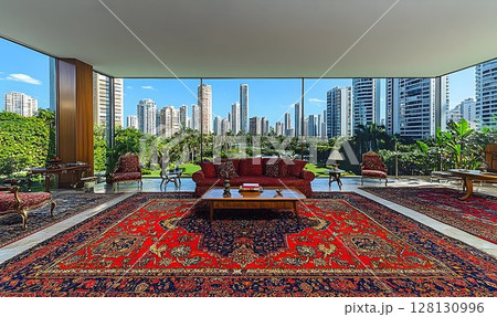 Modern city view living room interior design with red rug and wooden furniture 128130996