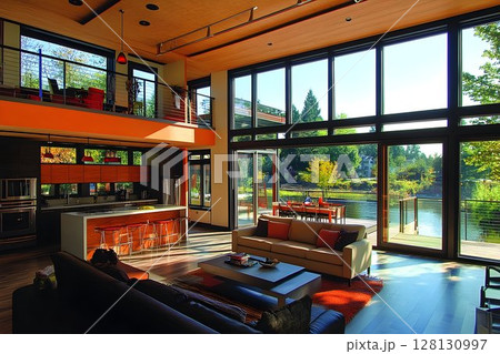 Modern house interior with lake view sunlight contemporary furniture 128130997