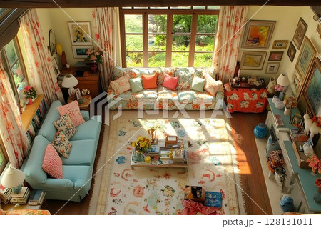 Sunlit living room interior floral sofa patterned rug large windows Sunlit living room interior floral sofa patterned rug large windows 128131011