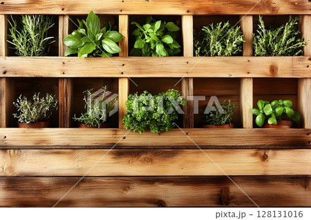 Rustic wooden herb garden shelf with fresh green herbs Rustic wooden herb garden shelf with fresh green herbs 128131016