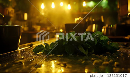 Fresh green herbs on dark bar counter warm lighting Fresh green herbs on dark bar counter warm lighting 128131017