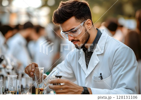 Focused scientist conducting experiment in a lab setting 128131106