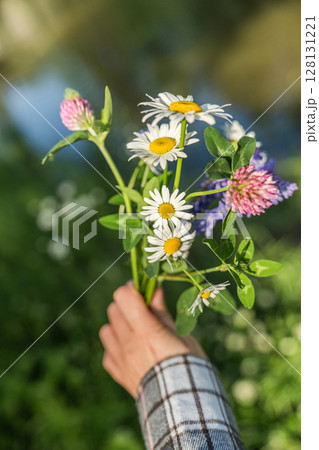A hand is gently holding a beautiful wildflower bouquet amidst the serenity of nature A hand is gently holding a beautiful wildflower bouquet amidst the serenity of nature 128131221