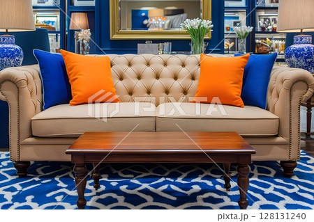 Beige sofa with orange and blue pillows in elegant room interior 128131240