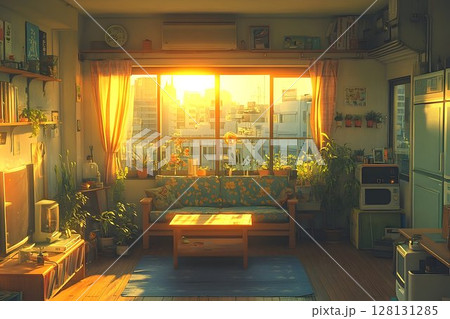 Sunrise living room interior cozy apartment with city view 128131285