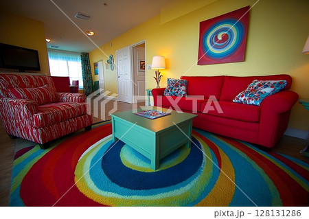 Colorful living room interior with vibrant rug and sofa 128131286