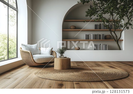 Modern minimalist living room interior with armchair and natural decor 128131573