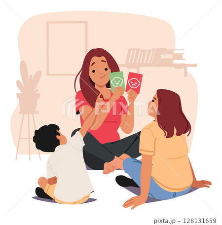 Happy mother teaching her elder daughter and younger son showing cards with different human emotions Happy mother teaching her elder daughter and younger son showing cards with different human emotions 128131659