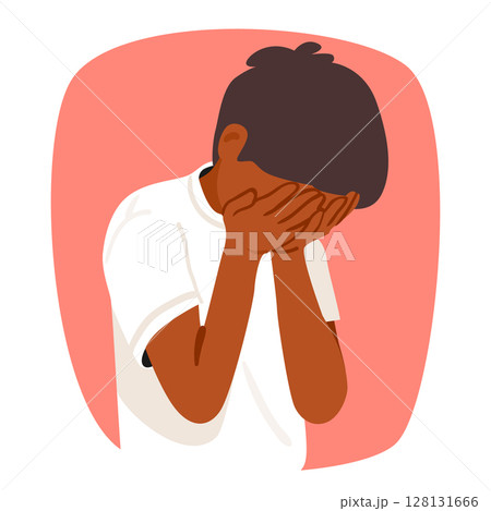 Embarrassed boy child cartoon character covering face with palms hiding emotions bubble portrait Embarrassed boy child cartoon character covering face with palms hiding emotions bubble portrait 128131666