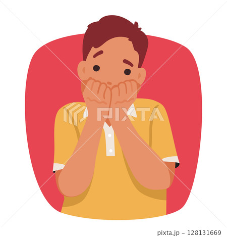 Scared boy child cartoon character covering mouth restraining himself from screaming portrait Scared boy child cartoon character covering mouth restraining himself from screaming portrait 128131669