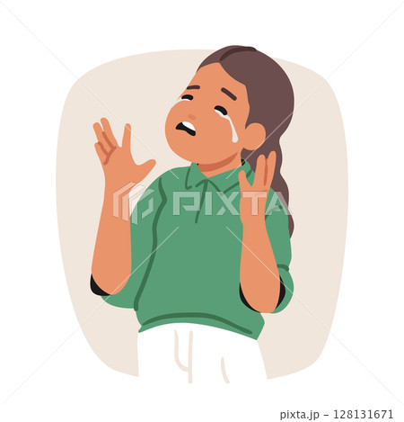 Sad crying girl child cartoon character feeling upset, lonely and stressed bubble portrait design 128131671