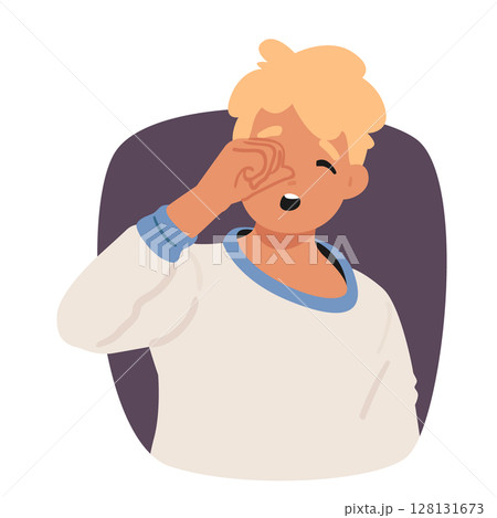 Tired boy child cartoon character rubbing his eyes feeing unwell expressing exhaustion portrait Tired boy child cartoon character rubbing his eyes feeing unwell expressing exhaustion portrait 128131673