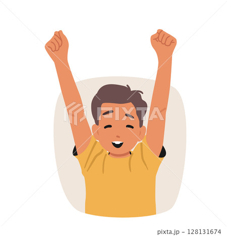 Happy joyful boy child cartoon character with raised hands and eyes closed rejoicing life portrait Happy joyful boy child cartoon character with raised hands and eyes closed rejoicing life portrait 128131674