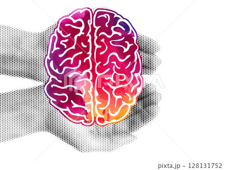 Realistic Halftone Effect Illustration of Hands Holding a Watercolor Painted Brain in Realistic Halftone Effect Illustration of Hands Holding a Watercolor Painted Brain in 128131752