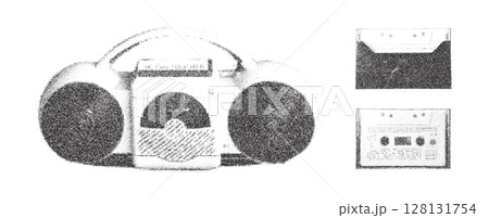 Risograph Print with Photocopy Effect Featuring a Retro Tape Recorder and Audio Cassettes Risograph Print with Photocopy Effect Featuring a Retro Tape Recorder and Audio Cassettes 128131754