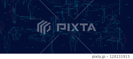 Digital Circuit Mesh With Neon Dotted Lines. Futuristic dark tech layout with blue and red connections for cyber systems, innovation, and UI design. Clean abstract structure. Vector illustration. Digital Circuit Mesh With Neon Dotted Lines. Futuristic dark tech layout with blue and red connections for cyber systems, innovation, and UI design. Clean abstract structure. Vector illustration. 128131913