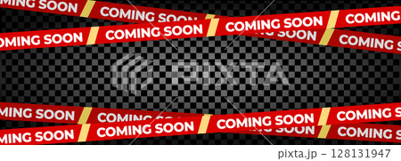 Coming Soon Red Banner Tape Stripe for shop opening, sale launch, retail notice, store ad, campaign teaser, product arrival, marketing layout. Product promotional clearance. Vector Illustration. Coming Soon Red Banner Tape Stripe for shop opening, sale launch, retail notice, store ad, campaign teaser, product arrival, marketing layout. Product promotional clearance. Vector Illustration. 128131947