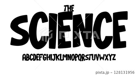 Science education font, futuristic cartoon funky alphabet for scientific stem headline, childish educational logo, children book typography, fun joyful typographic design. Modern vector typeset 128131956