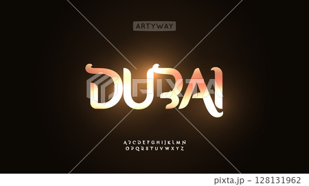 Golden glossy alphabet, glowing luxury font, premium typographic symbols for exotic branding logo, elegant Dubai lettering title design, Arabic fashion headline typographic design. Vector typeset 128131962