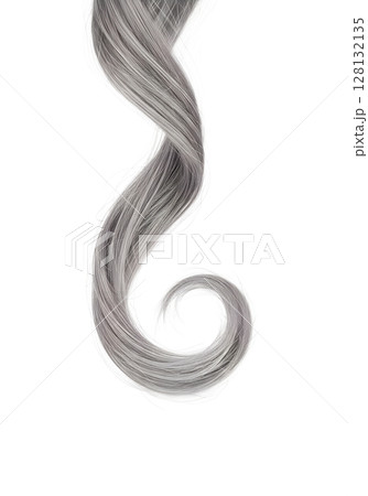 Elegant swirl of silvery-grey hair strand on transparent background, natural beauty, shiny hair texture 128132135