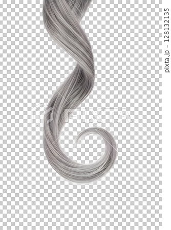 Elegant swirl of silvery-grey hair strand on transparent background, natural beauty, shiny hair texture 128132135