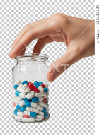 Hand holding glass jar full of assorted pills and capsules, medication or supplement concept, isolated on transparent background, pharmacy health care Hand holding glass jar full of assorted pills and capsules, medication or supplement concept, isolated on transparent background, pharmacy health care 128132139