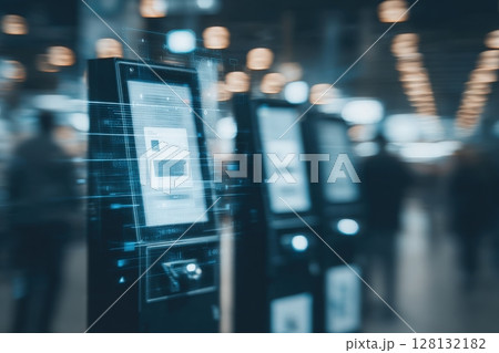 In a bustling city setting, digital kiosks are prominently displayed, allowing for self-service transactions. 128132182