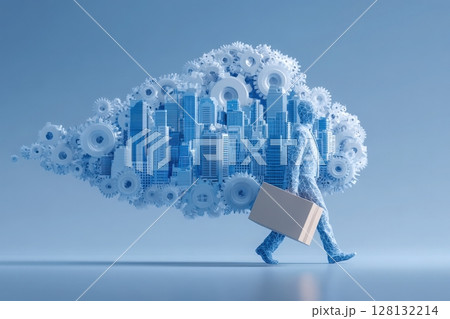 A figure walks through a futuristic city made of gears and clouds, symbolizing progress and creativity in business. The cool blue palette enhances the theme of innovation and technology. 128132214