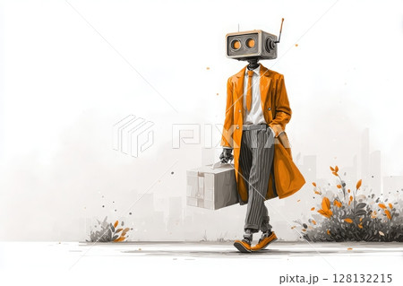 A humanoid figure with a robot head wears an orange coat and striped pants. It carries a briefcase while strolling in a cityscape with sparse vegetation and muted colors. 128132215