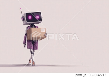 A robot with a television-like head and a pink glow walks while carrying a package in a simple, neutral environment. The design combines futuristic elements with everyday tasks. 128132216