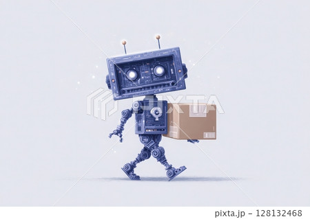 A small robot with a boxy head and arms is walking while carrying a cardboard package. The background is soft and light-colored, enhancing the playful and cheerful mood of the scene. 128132468