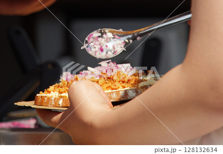 Traditional open-faced sandwich preparation Traditional open-faced sandwich preparation 128132634