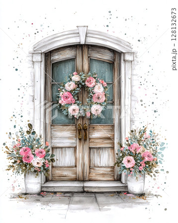 A charming wooden door adorned with a floral wreath and potted plants on both sides. Soft pink roses brighten the entrance against a light background, giving a welcoming atmosphere. 128132673
