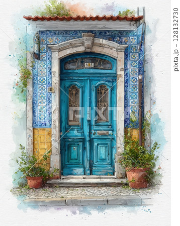 A vibrant blue door adorned with intricate tiles stands proudly in a quaint neighborhood. Potted plants frame the entrance, adding a touch of greenery to the picturesque setting. 128132730