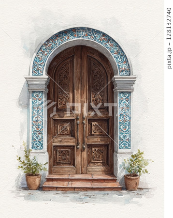 Intricate wooden doors framed by decorative tiles stand out against a soft background, adorned with potted plants on either side, creating an inviting entrance to a charming location. 128132740