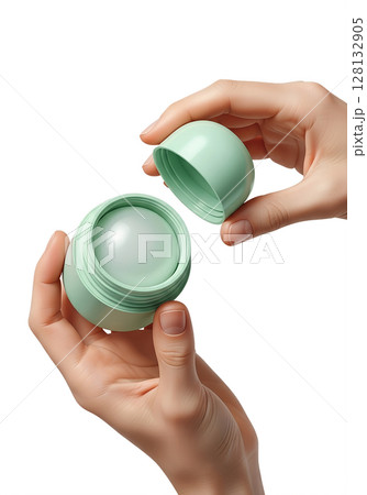 Hands holding open pastel green deodorant container, natural hygiene product, eco-friendly concept, isolated on transparent background, personal care 128132905