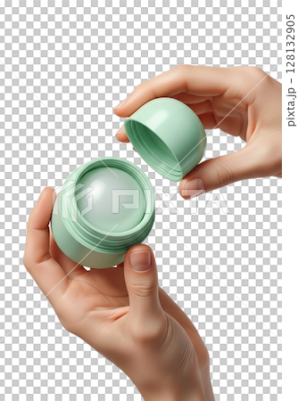 Hands holding open pastel green deodorant container, natural hygiene product, eco-friendly concept, isolated on transparent background, personal care Hands holding open pastel green deodorant container, natural hygiene product, eco-friendly concept, isolated on transparent background, personal care 128132905