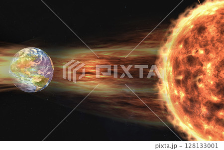 A dramatic visualization of the Sun emitting solar wind toward Earth. The glowing plasma stream collides with the planet magnetic shield, set against a dark star-filled cosmos. 128133001