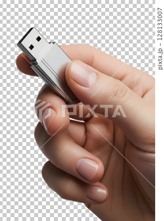 Hand holding usb flash drive isolated on transparent background, data storage device, technology concept, file transfer, portable memory stick 128133007
