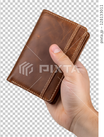 Hand holding brown leather wallet isolated on transparent background, minimalist design, money holder, bifold style, fashion accessory, finance concept 128133011