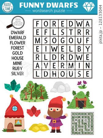 Vector dwarf wordsearch puzzle for kids. Simple wordsearch quiz with cute gnome, forest, mine, house, gold, gems for children. Woodland educational cross word activity with magic creatures Vector dwarf wordsearch puzzle for kids. Simple wordsearch quiz with cute gnome, forest, mine, house, gold, gems for children. Woodland educational cross word activity with magic creatures 128133044