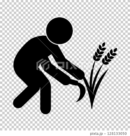 Pictogram of a person harvesting rice with a sickle Pictogram of a person harvesting rice with a sickle 128133050
