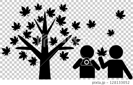 兩個人欣賞秋葉和一棵秋樹的象形圖 128133052
