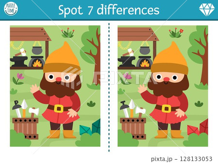 Find differences game for children. Dwarf educational activity with cute gnome blacksmith, forge. Magic forest puzzle for kids. Fairytale printable worksheet, page for attention with woodland scene Find differences game for children. Dwarf educational activity with cute gnome blacksmith, forge. Magic forest puzzle for kids. Fairytale printable worksheet, page for attention with woodland scene 128133053