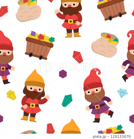 Vector dwarf seamless pattern. Cute gnome repeat background. Fairytale character digital paper. Magic creature texture with garden, mining concept, treasure, house, gems, flowers 128133070