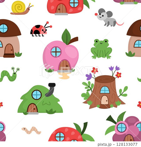 Vector little forest houses seamless pattern. Cute gnome home repeat background. Fairytale character digital paper. Magic creature texture with cottages shaped as berry, mushroom, tree stump Vector little forest houses seamless pattern. Cute gnome home repeat background. Fairytale character digital paper. Magic creature texture with cottages shaped as berry, mushroom, tree stump 128133077
