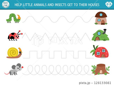 Vector handwriting practice worksheet with woodland animals and insects going to their houses. Printable activity for preschool kids with cute homes. Fairyland fantasy tracing game 128133081