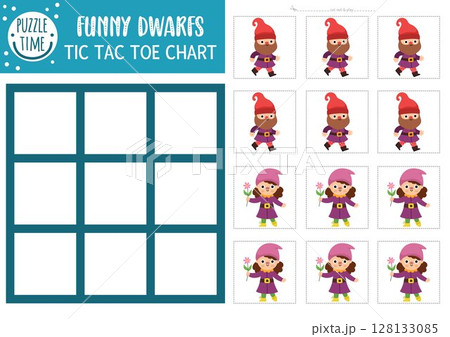 Vector fairytale tic tac toe chart with cute dwarfs. Fantasy board game playing field with fantasy character. Funny printable worksheet. Noughts and crosses grid with gnome boy and girl 128133085
