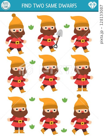 Find two same dwarfs. Fairytale matching activity for children. Magic garden or forest educational quiz worksheet for kids for attention skills. Simple printable game with cute gnome 128133087
