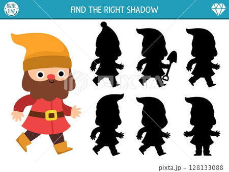 Shadow matching activity with cute dwarf. Fairytale puzzle with gnome. Find correct silhouette printable worksheet or game. Magic forest page for kids with fantasy creature 128133088